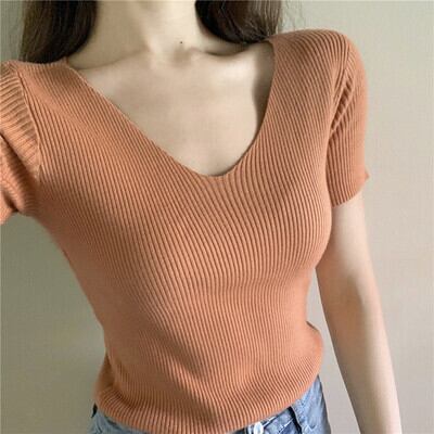【tops】美人度アップ!韓国系スウィートVネックタイトニットTシャツF0061