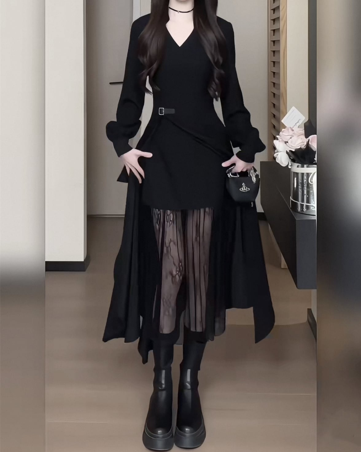 【dress】レースドッキングイレヘムワンピース　N3296