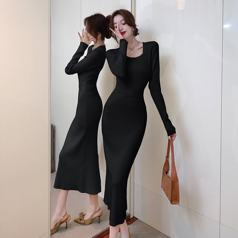【dress】スクエアネックニットワンピース Q7577
