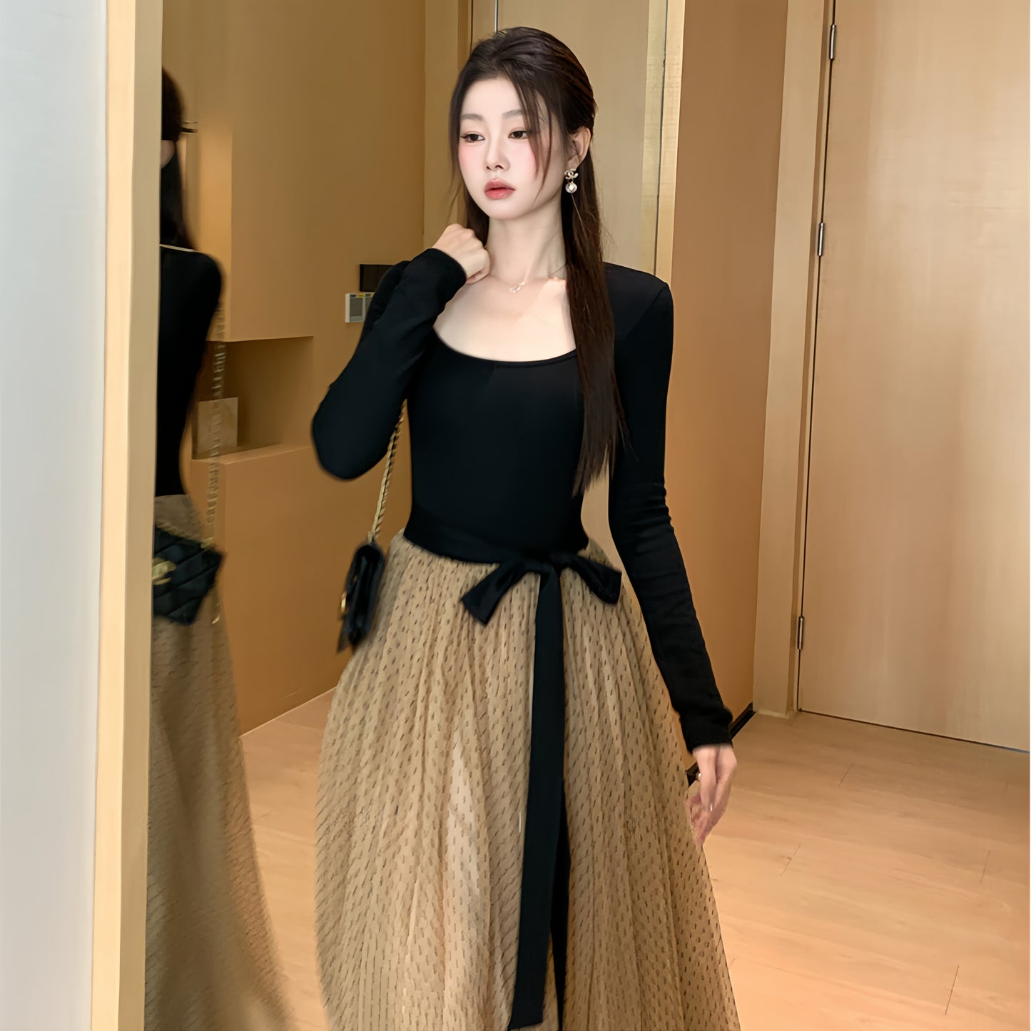 【dress】チュールドッキングロングワンピース　N3439