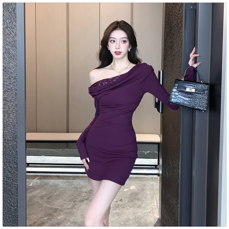 【dress】レース切り替えオフショルダーワンピース　M28103