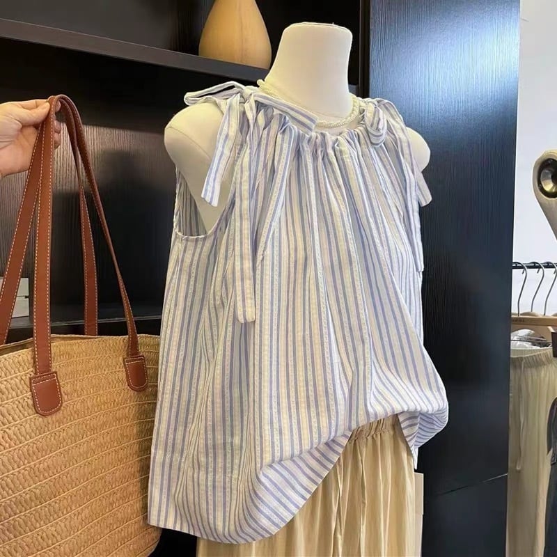 【tops】ノースリーブストライプ柄タンクトップF7508