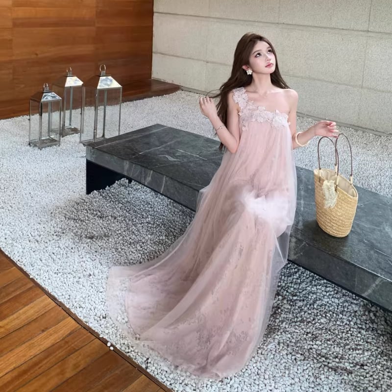 【dress】レースドッキングワンショルダーロングワンピース Q8444