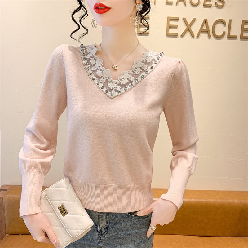 【tops】Vネックレース切り替えニットトップス　M28260