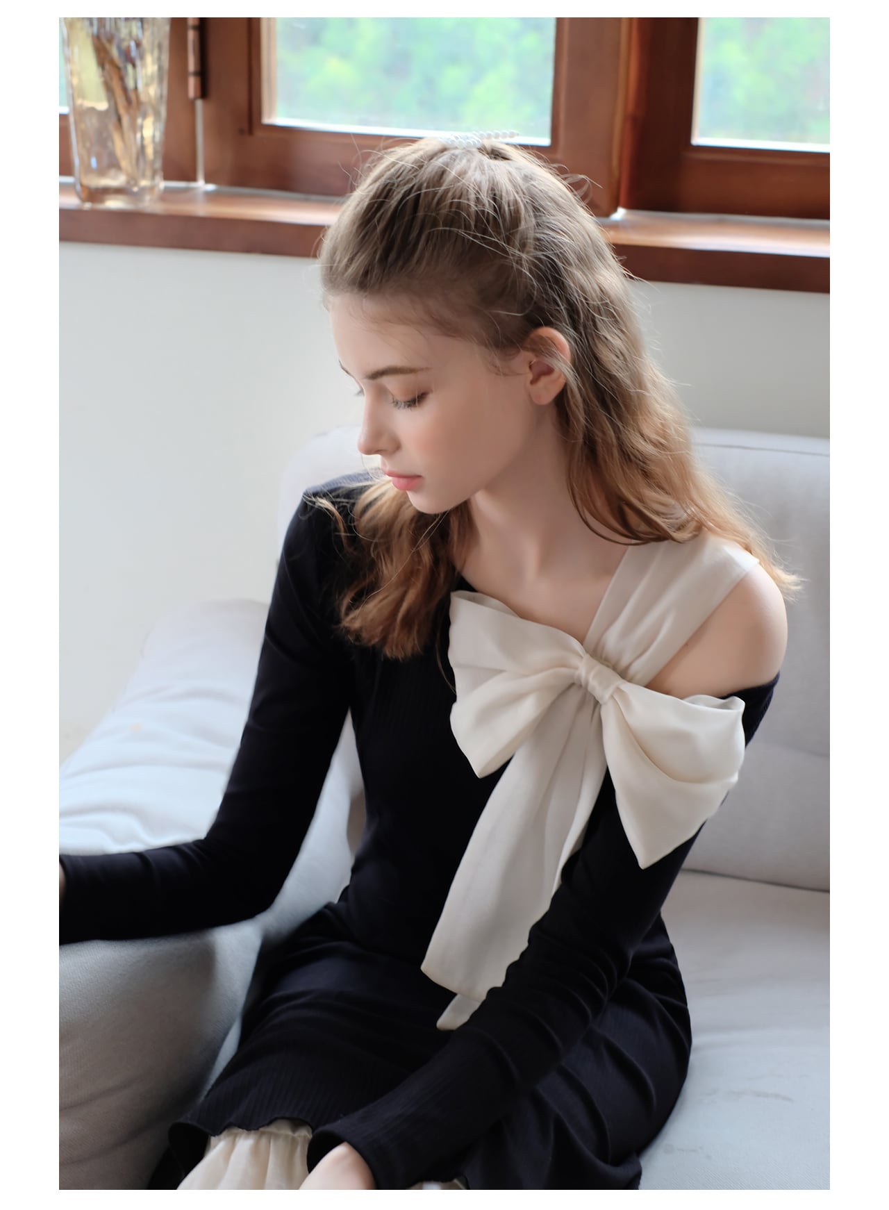 【dress】リボンメッシュ切替ワンピースF8303