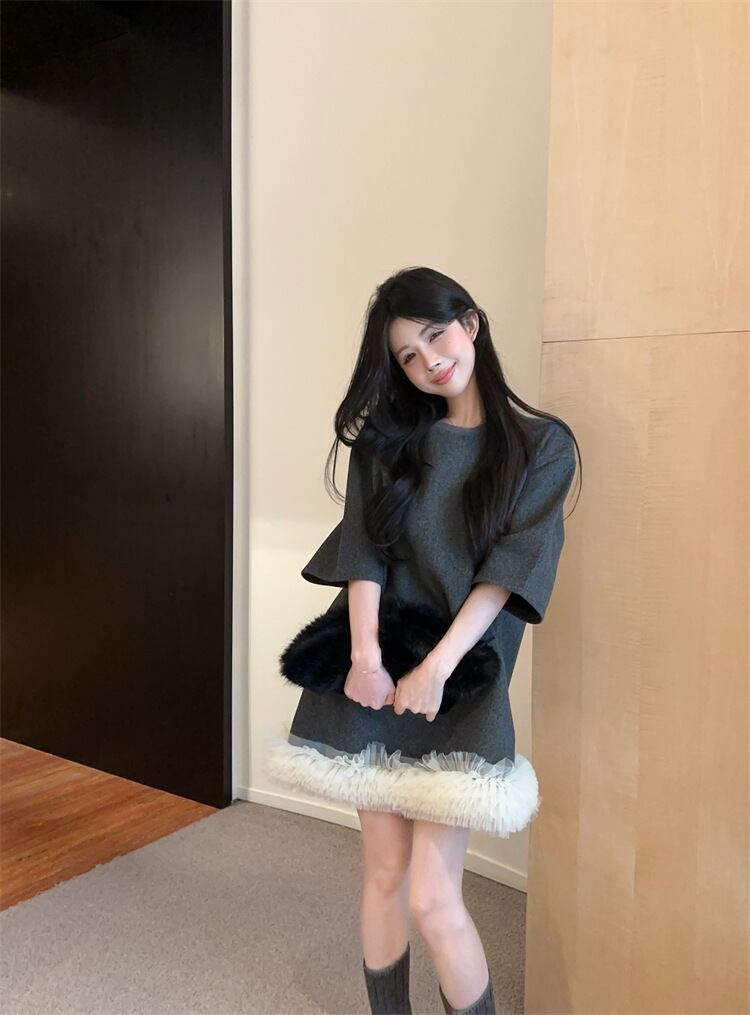 【dress】裹起毛レースドッキングワンピース　M28775