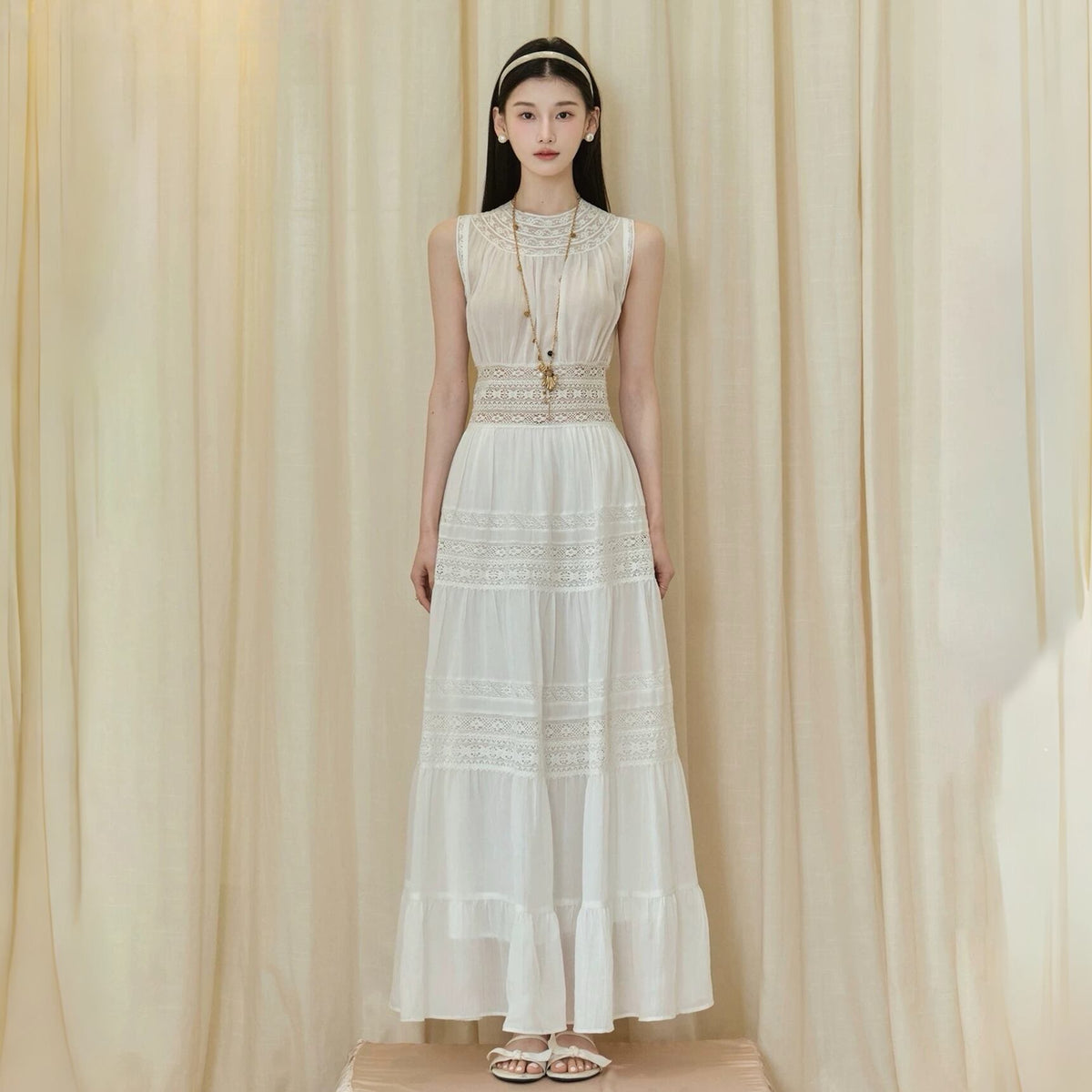 【dress】レースドッキングロングワンピース Q8386