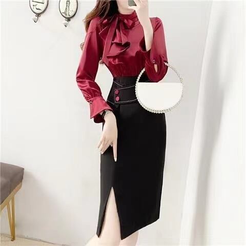 【dress】女性力を高める〜スリット長袖体型カバー配色切り替えおしゃれ春タイトワンピースF1602