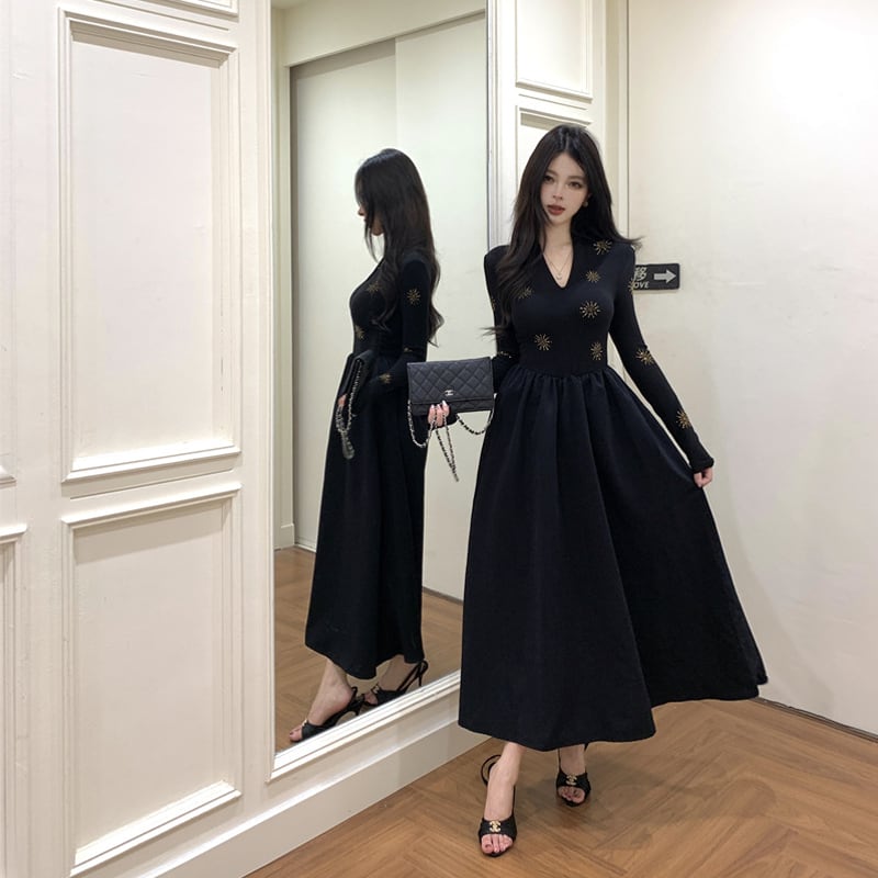 【dress】Ｖネックロングワンピース Q7113