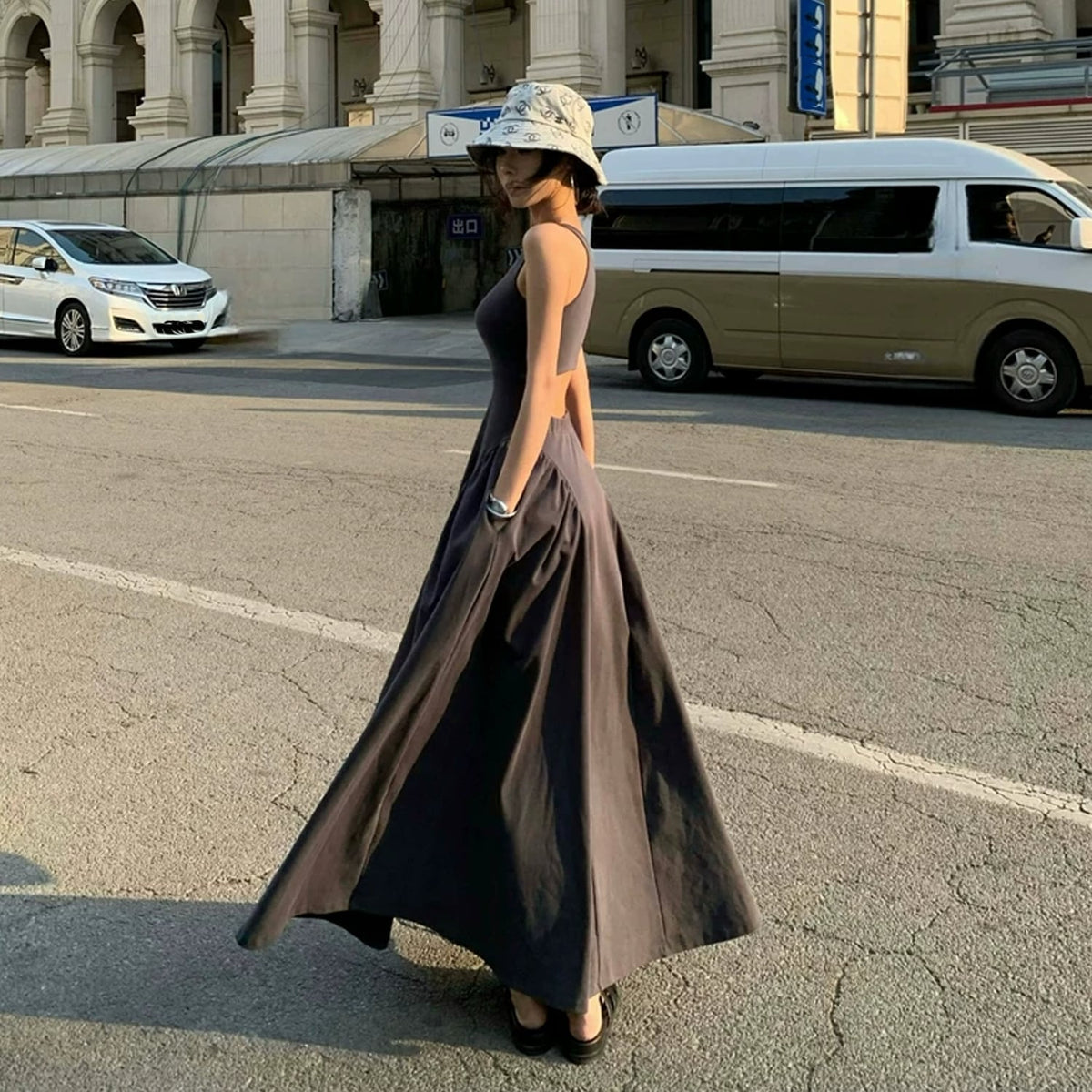 【dress】バックオーポンロングベストワンピース Q8498