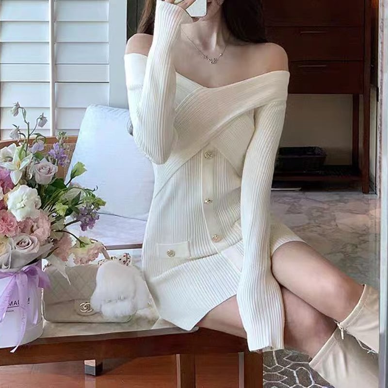 【dress】オフショルダーニットワンピース Q7594