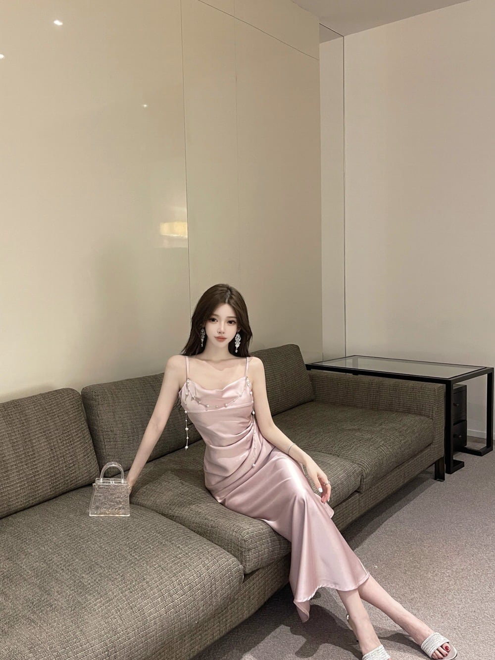 【dress】パール付きロングキャミワンピース Q7994