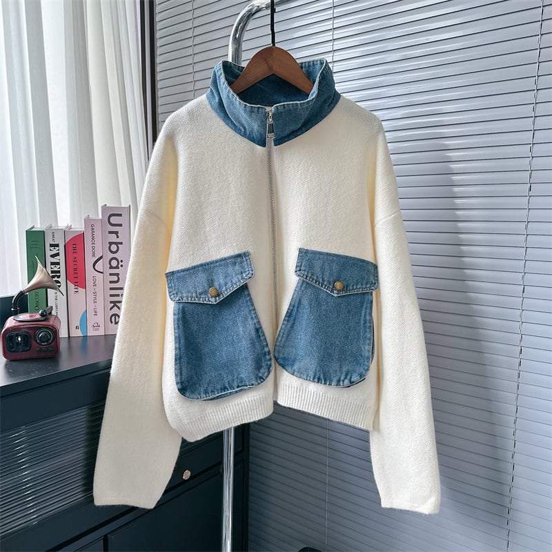 【outer】デニム切り替えニットカーデ　M25530