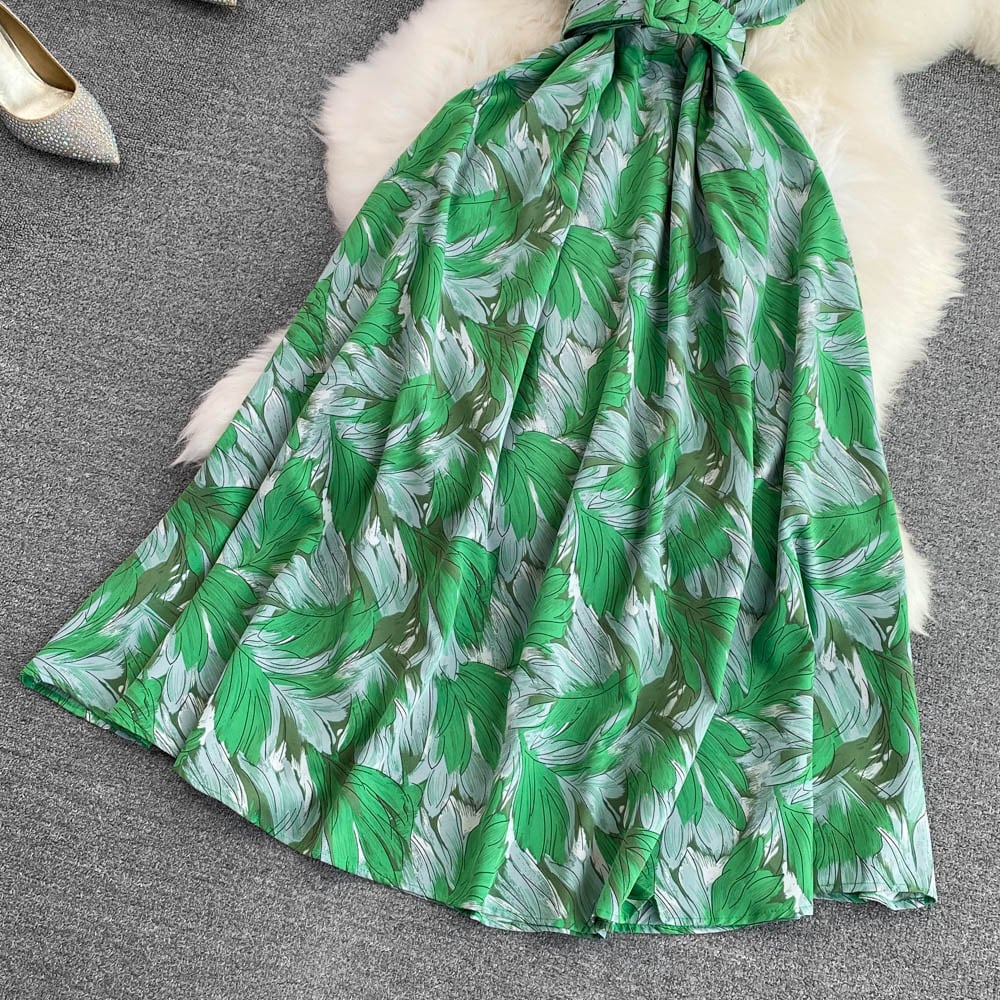 【dress】オシャレ度満点〜夏新作海旅行4色バンドカラー花柄配色シフォンワンピースF5110