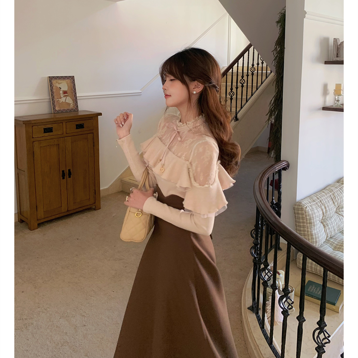 【set】レースフリルニットトップス×ロングスカートセット N3477