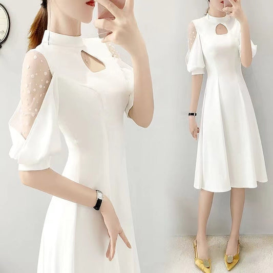 【dress】オシャレ度満点〜スタンドネック半袖パフ袖メッシュ切り替え韓国ファッションOL通勤AラインワンピースF1877