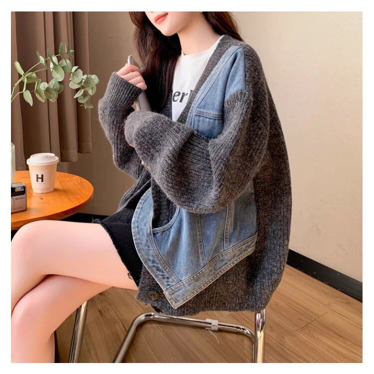 【outer】デニム切り替えニットカーデ　M29328