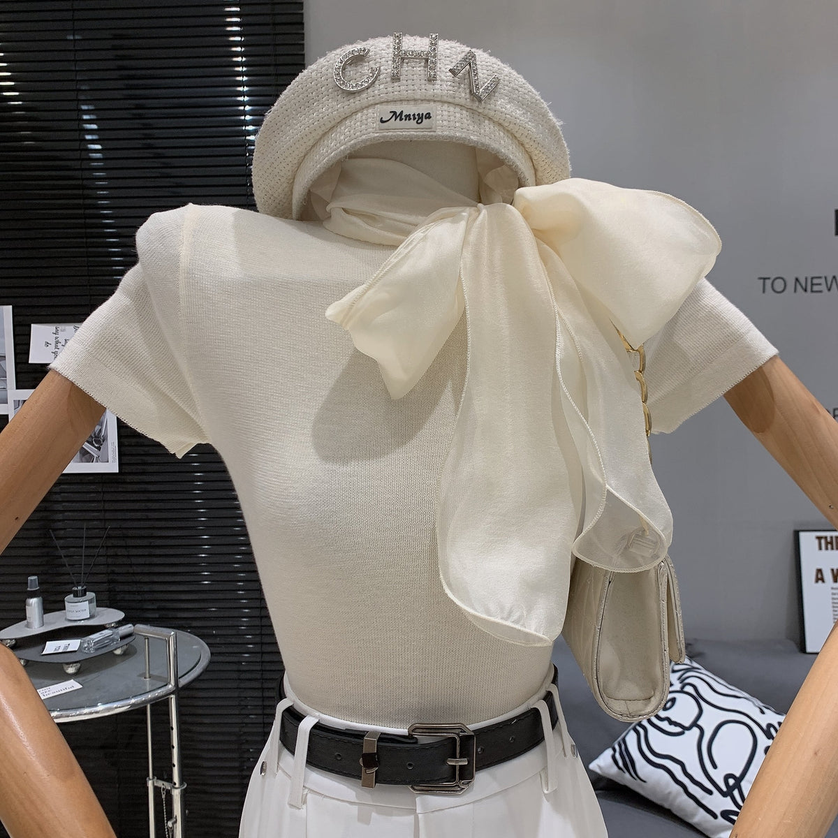 【tops】リボン付きニットTシャツ　M29886