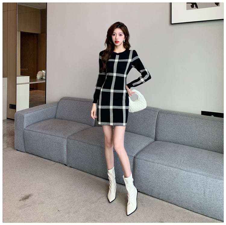 【dress】チェック柄ニットワンピース G17066