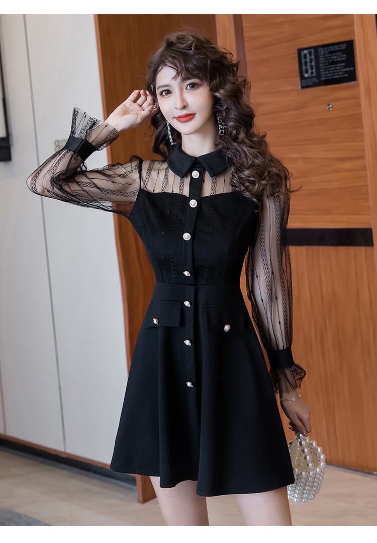 【dress】ファッション好感度UP!気質満点レトロPOLOネック切り替え着痩せワンピース