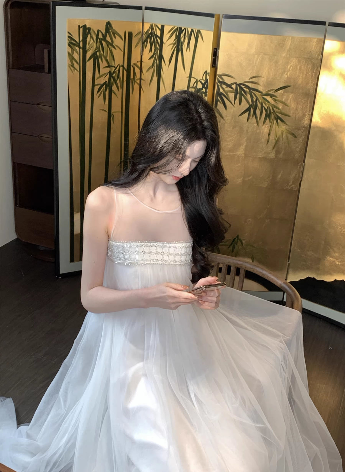 【dress】ノースリーブチュールワンピース Q7966