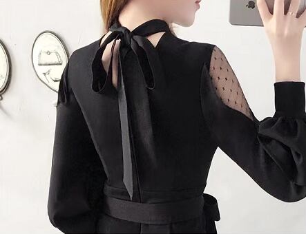 【dress】オシャレ度満点〜韓国風INS風長袖切り替え蝶々結び韓国ファッション無地タイトワンピースF3399