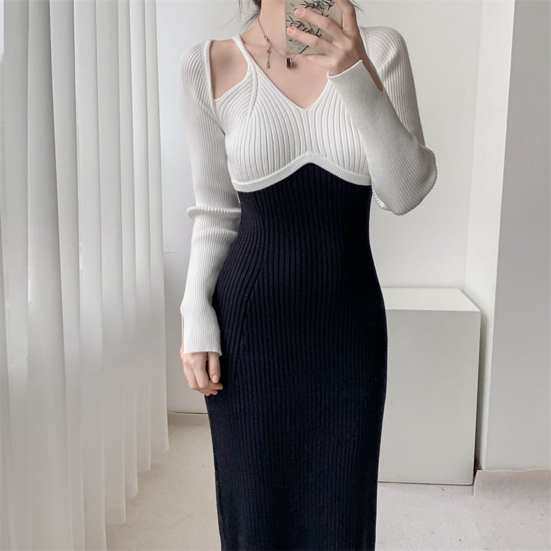 【dress】配色ニットワンピース　M25545