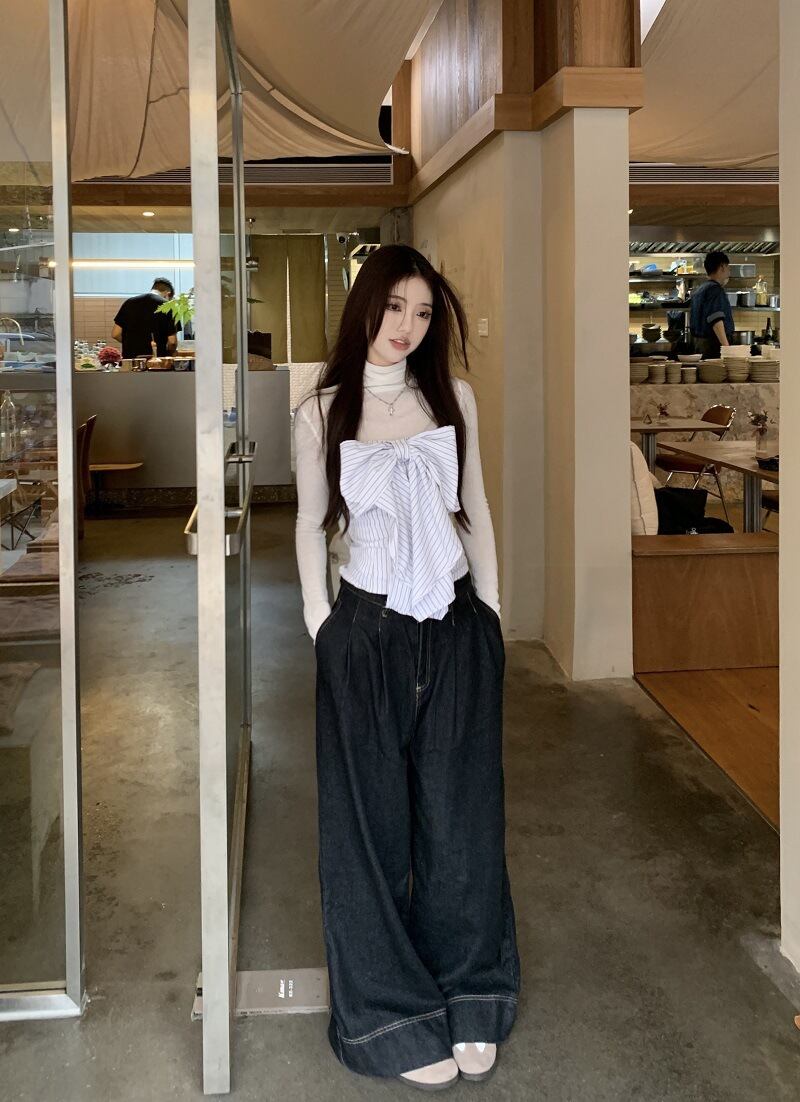 【set】Tシャツ+ストライプ柄リボンベアトップ２点セットG21346