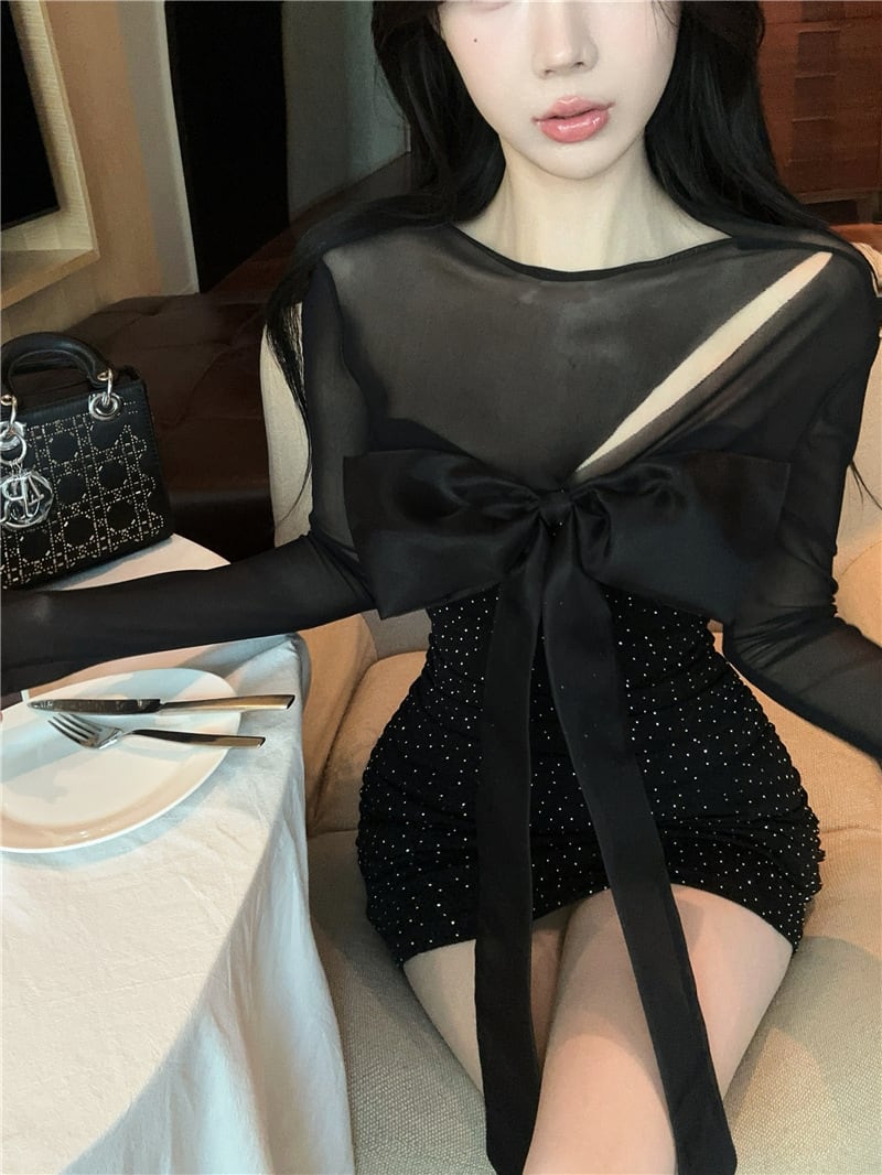 【dress】チュールコンビビジューリボン付きワンピース　M29784