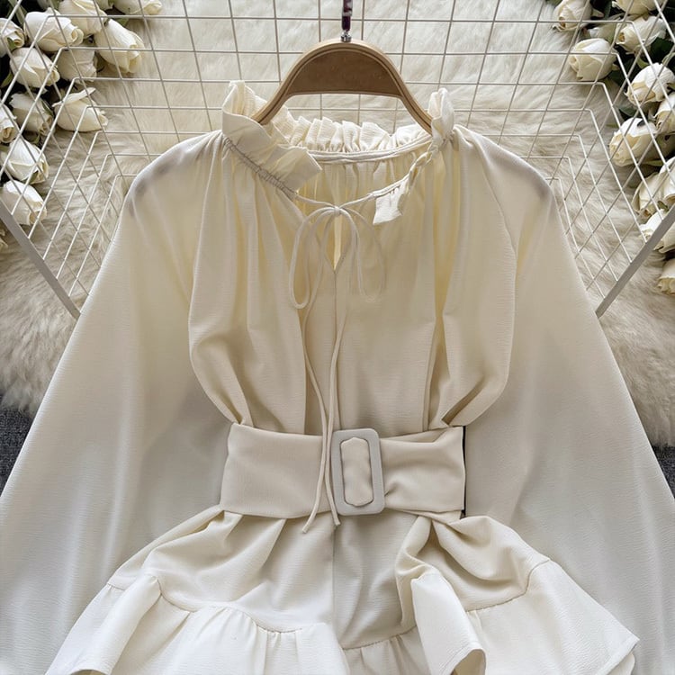 【tops】ウェスト絞りフリルブラウスF6982