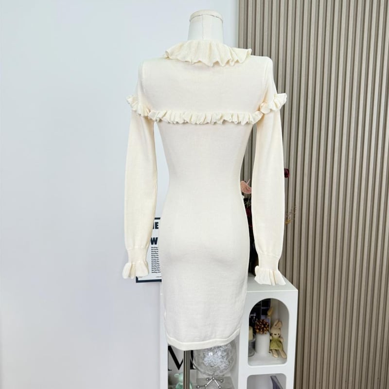 【dress】ギャザーフリルニットワンピース Q7631