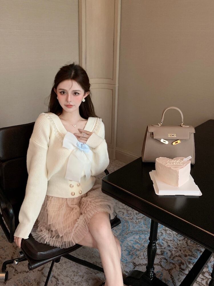【tops】リボン付きニットセーター　M28472