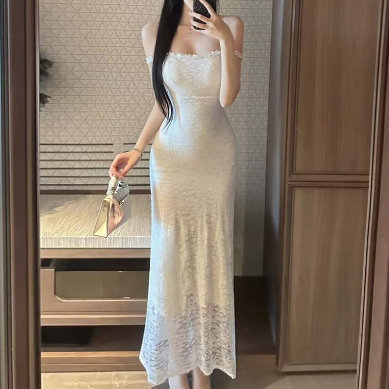 【dress】オフショルダーレースロングワンピース Q8189