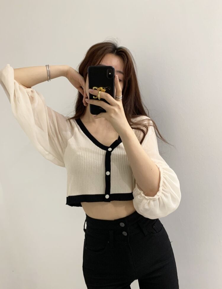 【tops】Vネック ランタンスリーブ切り替えトップスニット G15684