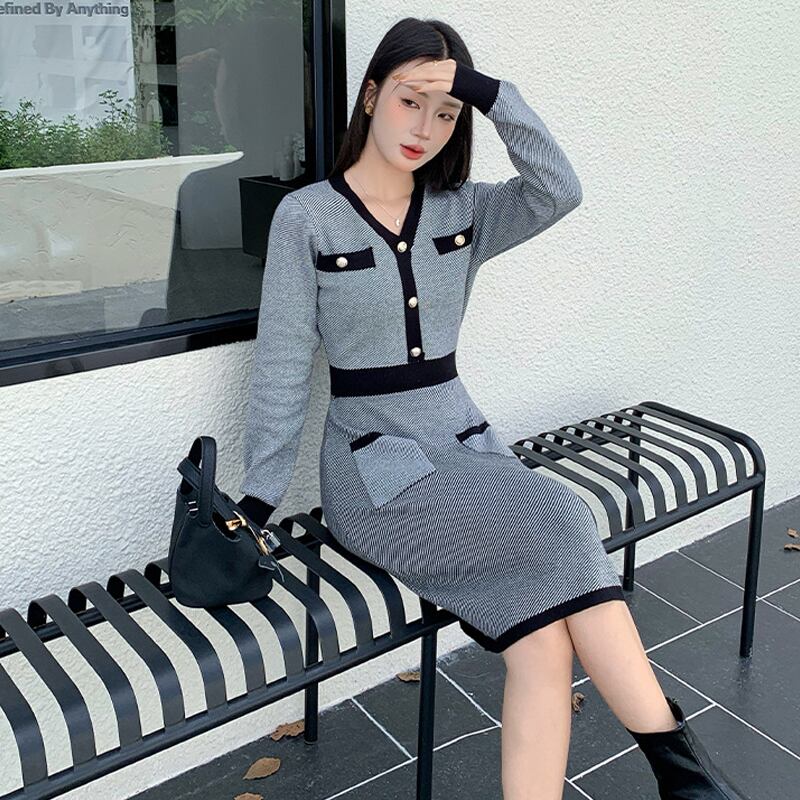 【dress】Vネックニットワンピース Q7038
