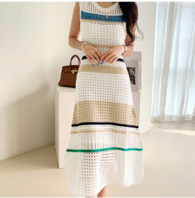 【dress】流行アイテム！3色ラウンドネック配色透かし彫り薄手ニットワンピースインナー付きF0046