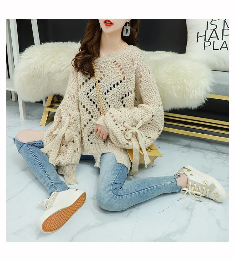 【tops】韓国ファッション3色ラウンドネック長袖透かし彫り薄手ニットセーターF0634