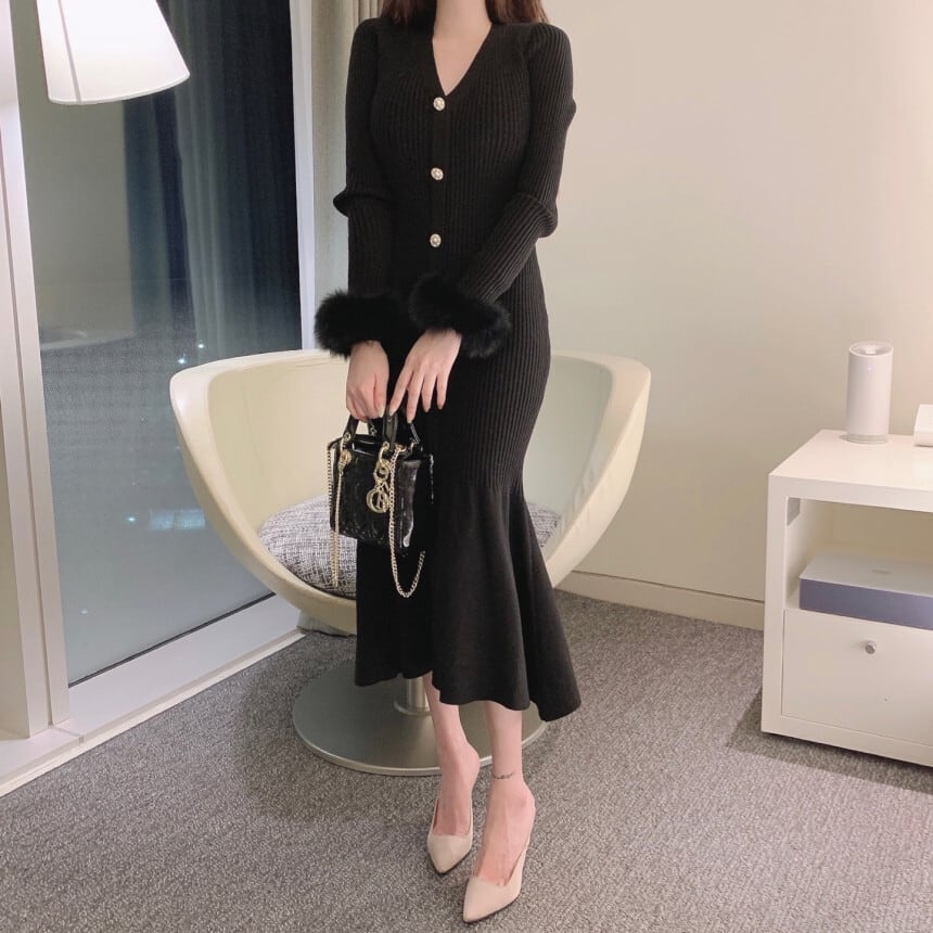 【dress】袖ファー マーメイドニットワンピース　M26156