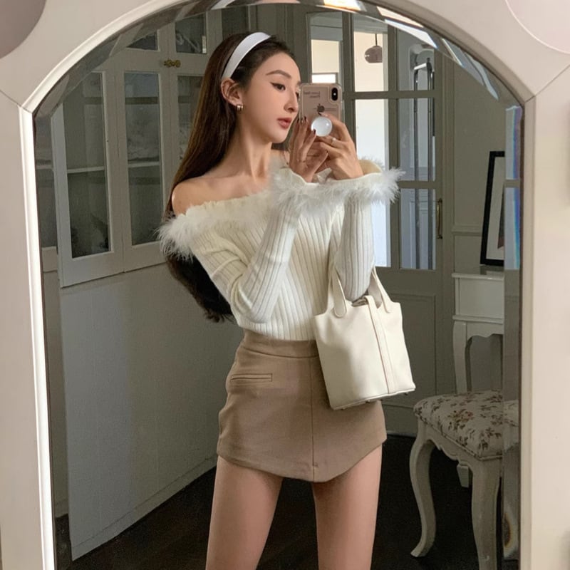 【tops】ファーオフショルダーニットトップス　M28262
