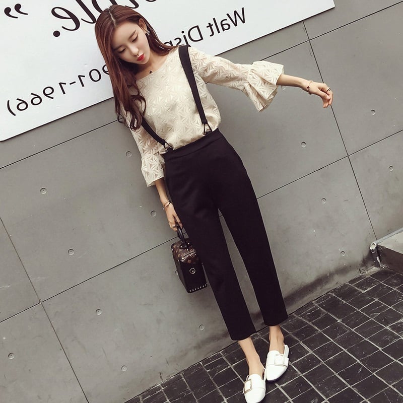 【set】大人可愛いフレアスリーブトップス＋サロペット通勤日常セットアップF0063