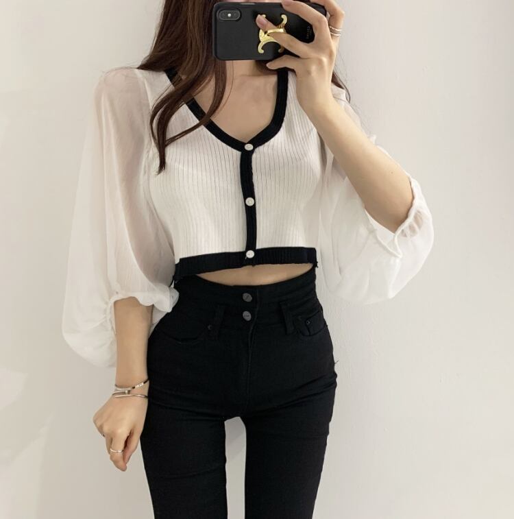 【tops】Vネック ランタンスリーブ切り替えトップスニット G15684