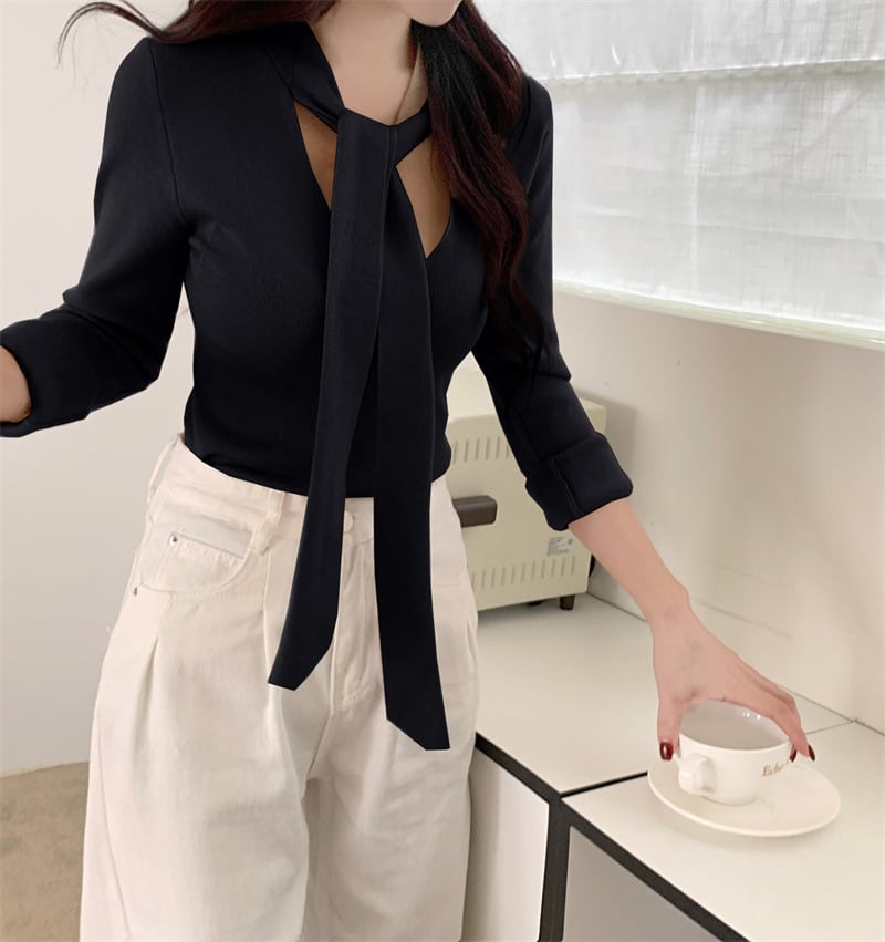 【tops】ボウタイニットトップス　M27475