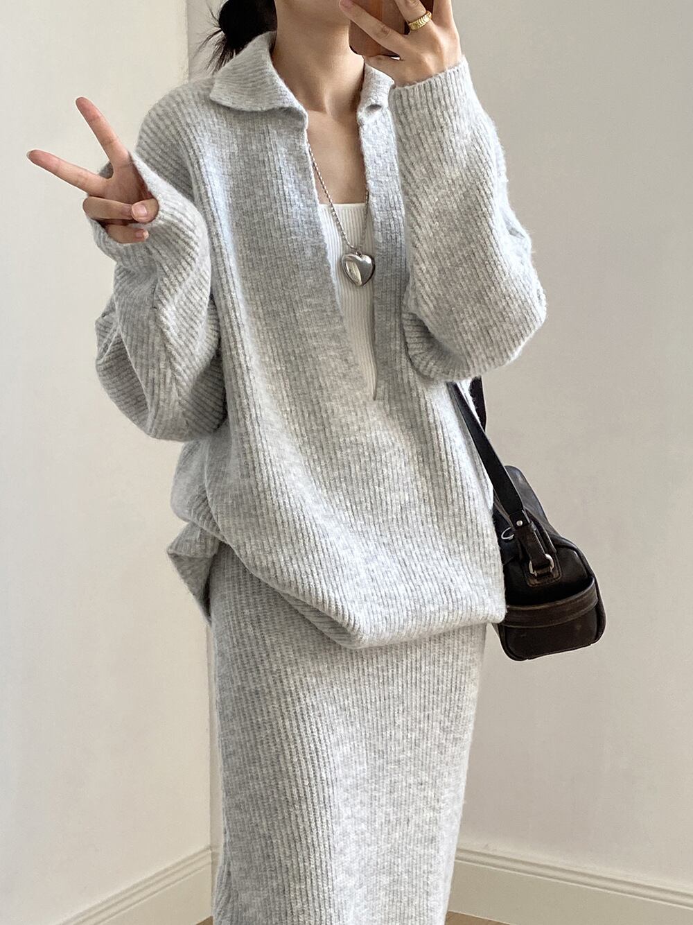 【set】Vネックニットトップス×ロングスカートセット　N3441
