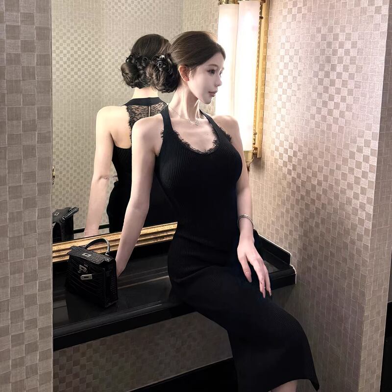 【dress】レースドッキングロングニットワンピース Q8002