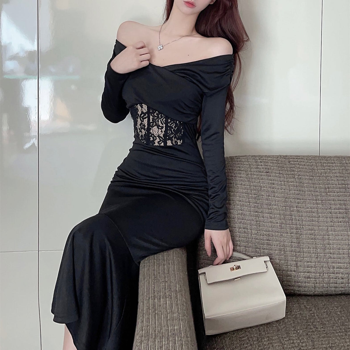 【dress】ウエストレースマーメイドワンピース　N2729