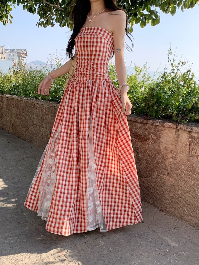 【dress】レースドッキングチェック柄ワンピース　M29795