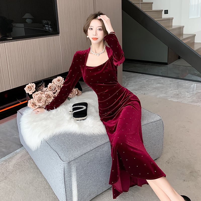 【dress】ラインストーン付きマーメイドワンピース Q6905