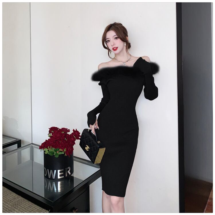 【dress】フェザーオフショルダーニットワンピース　M17993