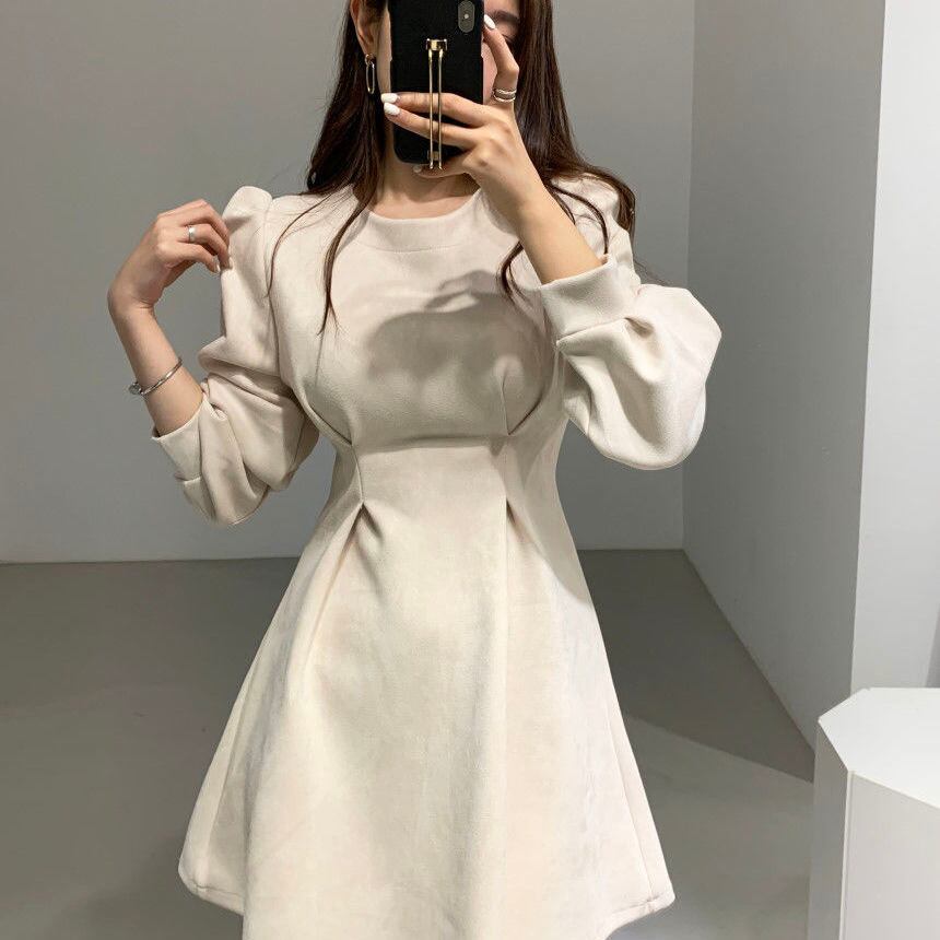 【dress】オシャレ度満点〜2色長袖ラウンドネックAライン韓国ファッション無地秋冬新作ワンピースF0786