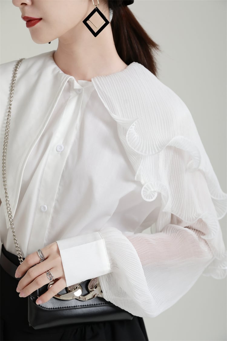 【tops】フリル不規則 イレギュラーシャツブラウス　M29334